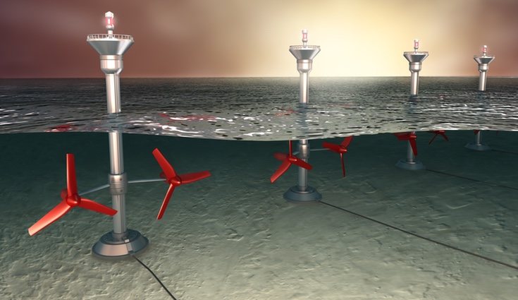 La energía maremotriz usa unas turbinas situadas debajo del agua para producir energía